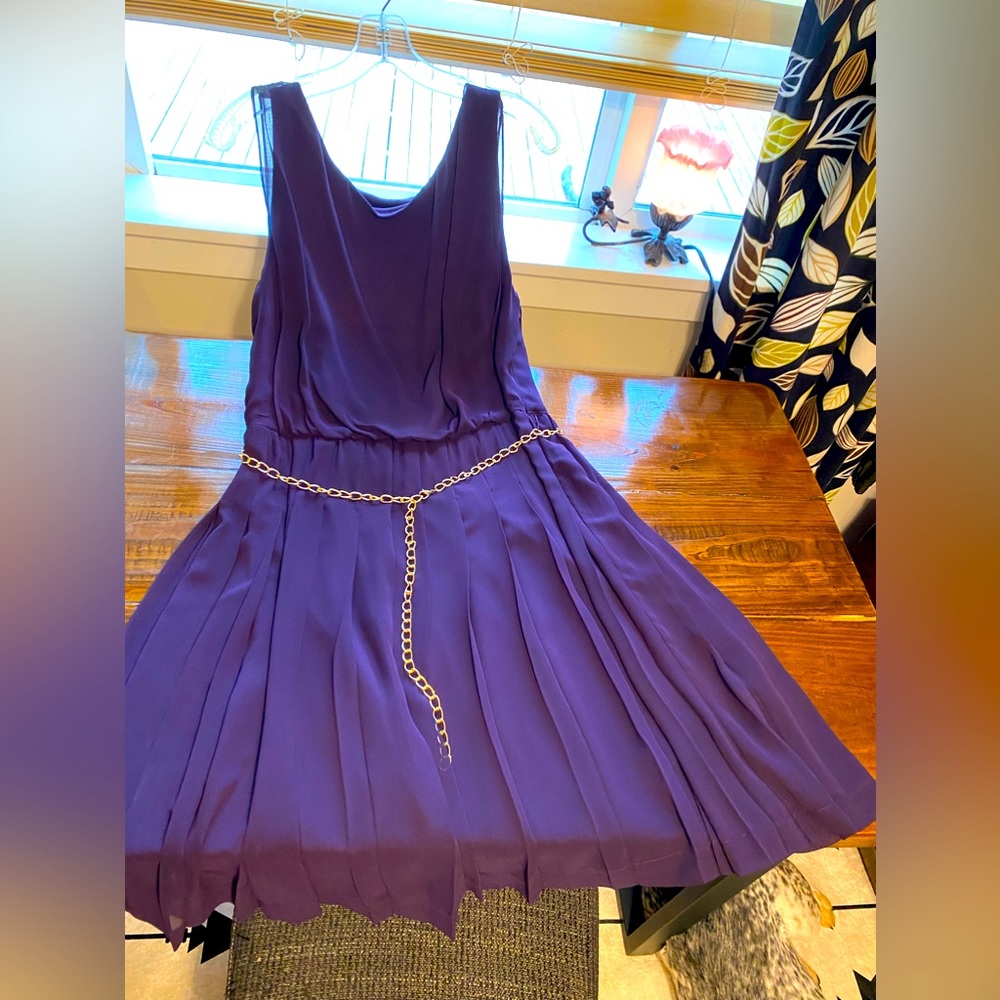 Gauzy Purple Dress with Gold Chain. Size 16. Perfect wedding guest dress.